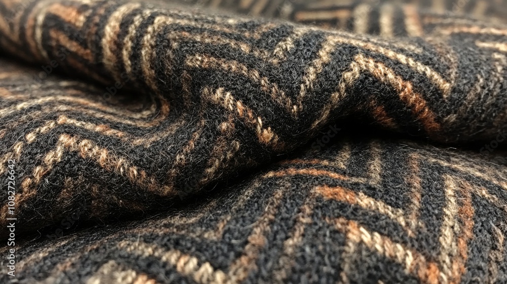 Aufkleber The close-up view shows a soft wool fabric with a zigzag pattern in earthy tones. This textile is perfect for crafting warm garments and cozy home decor items.