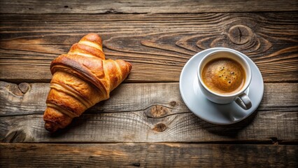 Espresso and croissant breakfast with coffee beans on rustic wood background
