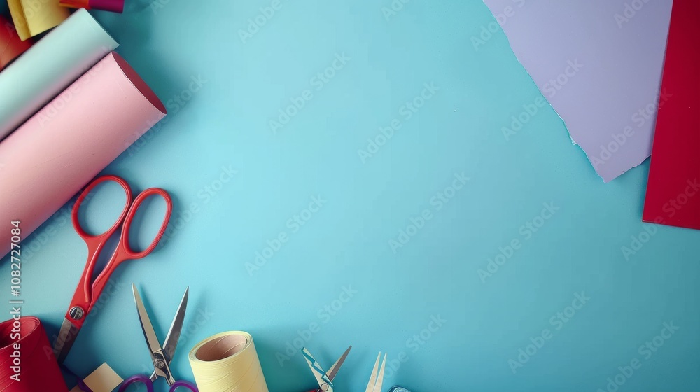 Poster an elegant paper crafting setup in a cozy corner, scissors and paper neatly placed, artistic minimal