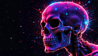 Gothic skull with engravings, lit by candles. Metallic skull glowing in dark futuristic setting