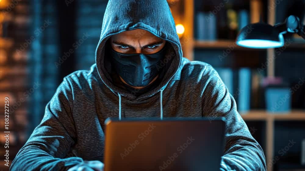 Poster dangerous hacker working on financial criminal activities, masked and plotting digital fraud