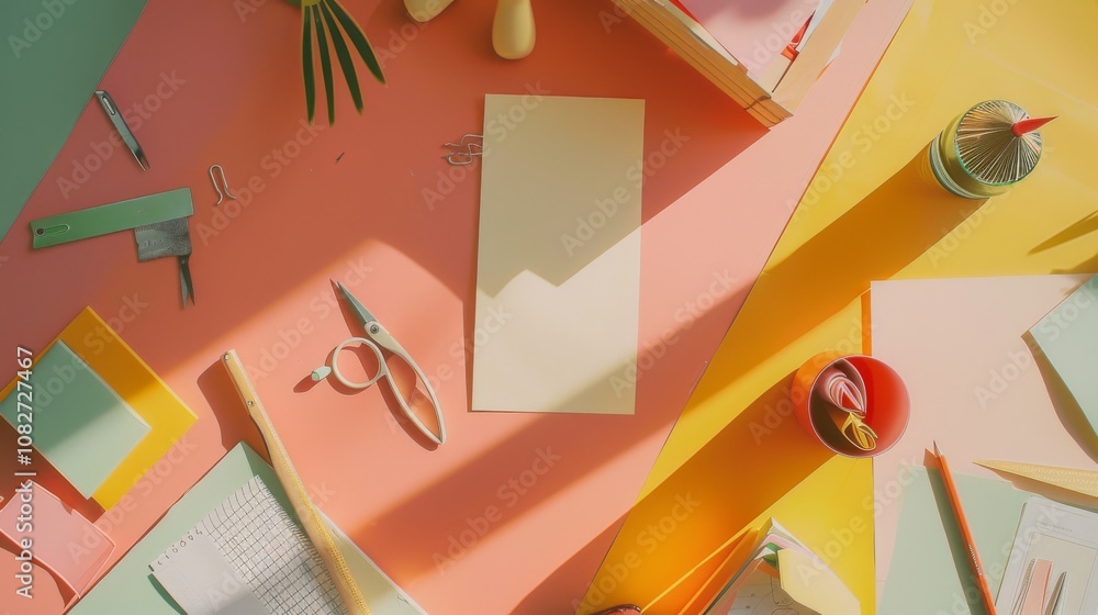 Poster An elegant paper crafting setup in a cozy corner, Scissors and paper neatly placed, Artistic minimalist style