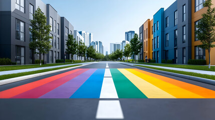Low-angle view of colorful gay pride flag painted onto a pedestrian road crossing in a city