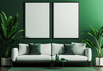 A modern living room interior with a green velvet sofa. two framed posters. a lamp. and a plant