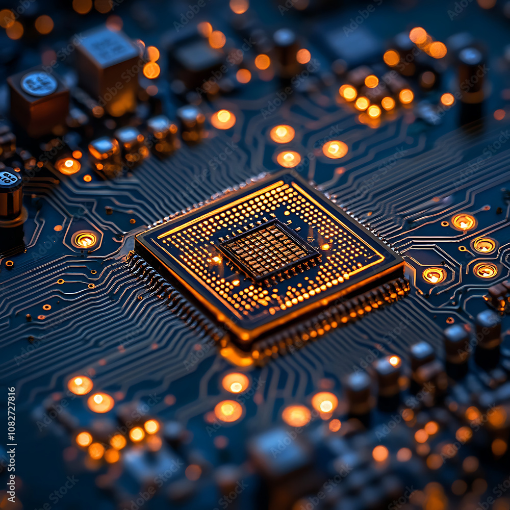 Poster close up view of circuit board featuring central processing unit, illuminated by glowing orange ligh