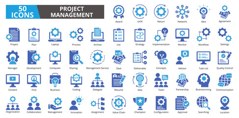 Project management icon collection set. Containing planning,scheduling,leadership,project,management,goals,target,management icon. Simple flat vector