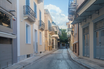 Morning street and empty road in Athens, Greece