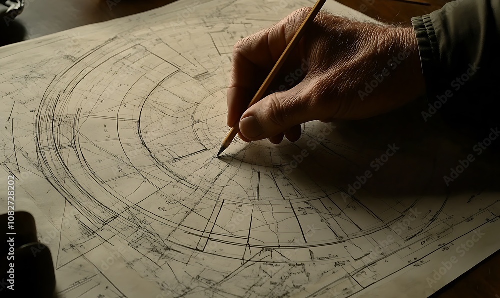 Poster a hand sketches precise lines on an intricate circular chart, suggesting a scientific or technical p