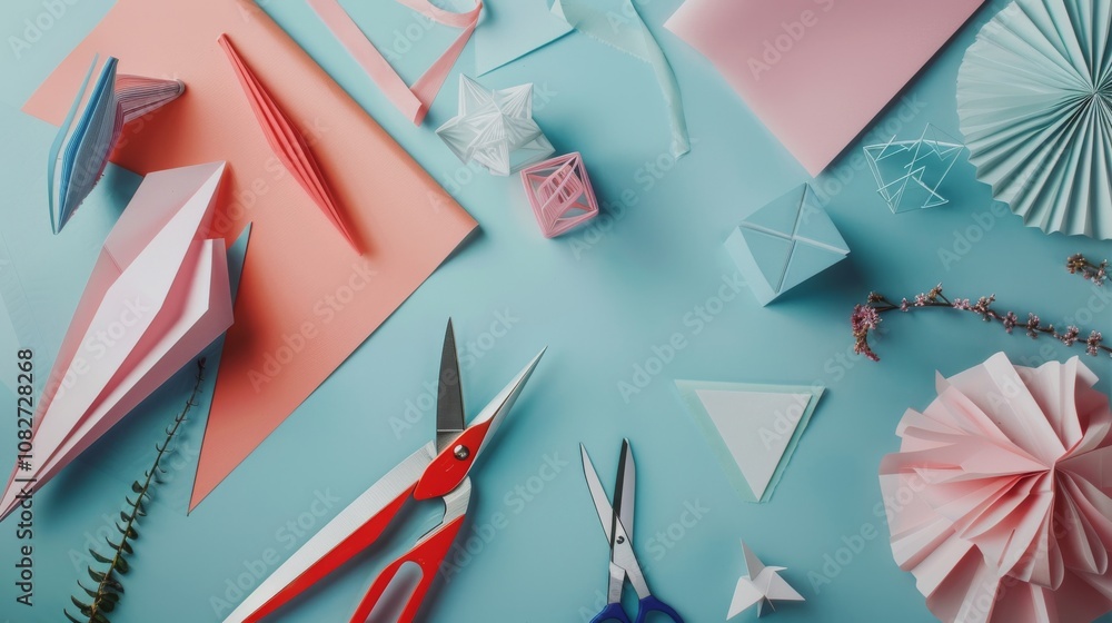 Aufkleber an elegant paper crafting setup in a cozy corner, scissors and paper neatly placed, artistic minimal