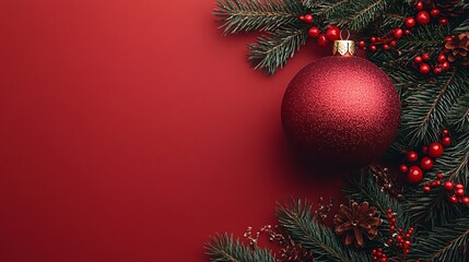 Obraz premium Blank Christmas and Happy New Year Background with Copy Space for Text. Festive pine cones, red berries, star, ornaments and pine branches frame a red holiday background.