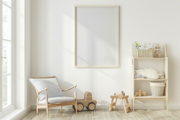 A white wall with a large framed picture, a wooden rocking chair, a basket of toys, and a toy cart in a minimalist nursery