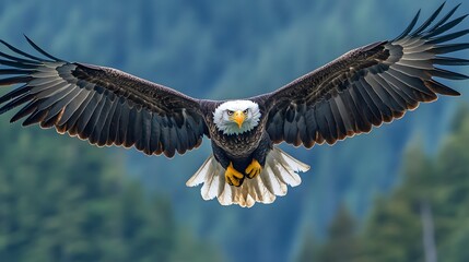 A Bald Eagle soars through the air with powerful wings.