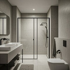 A sleek and modern bathroom with a double sink vanity, a walk-in shower with black fixtures, and a minimalist design. The room features gray tiles and a neutral color palette.



