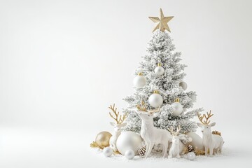 A winter wonderland display featuring a beautifully adorned tree with plush reindeer and shimmering ornaments in a snowy setting