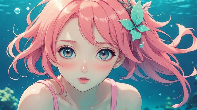 Close-up of a naiad on an aesthetic underwater anime background