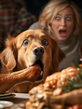 Naklejki Golden Retriever dog steals turkey leg.