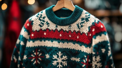 Teal and Red Knitted Christmas Sweater with Snowflake Pattern
