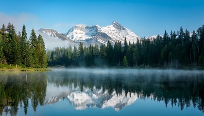 A Snow-Capped Mountain Peak Reflecting in a Clear Alpine Lake, Surrounded by Towering Pine Trees and Blanketed in Morning Mist for a Serene Nature Landscape