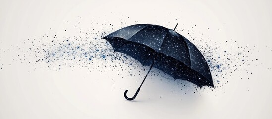 Black umbrella with raindrops falling on a white background.