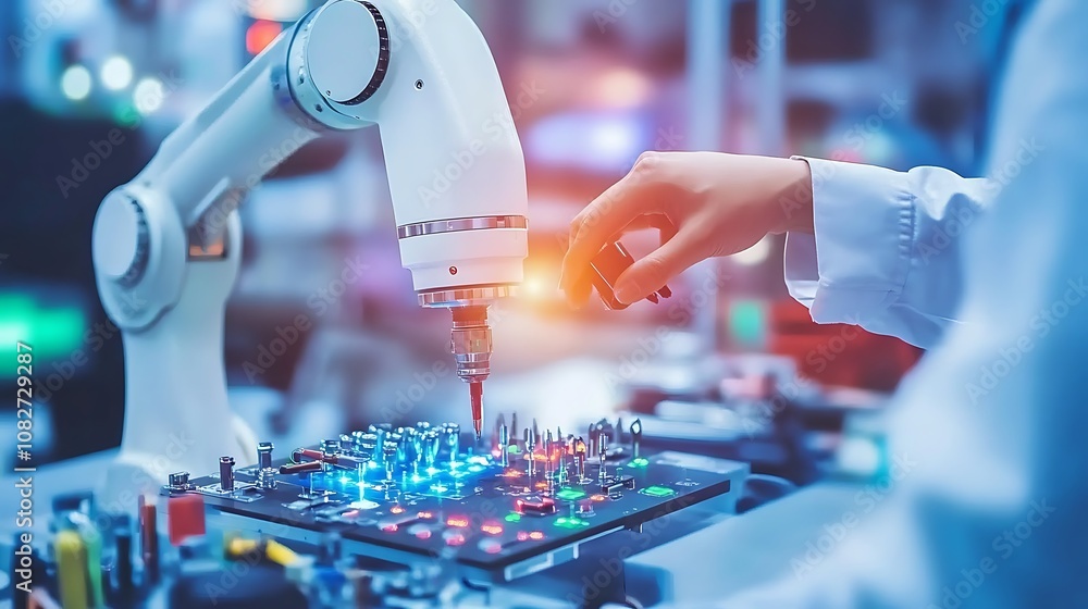 Poster a robotic arm assembling electronic components on a circuit board in a lab setting.