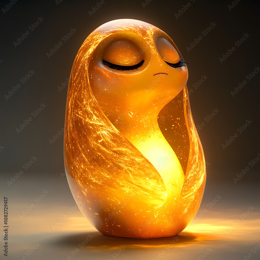Poster whimsical character with glowing orange features and serene expression, radiating warmth and light. 