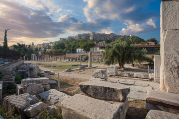 Ancient Roman Agora and Acropolis under sunset sky cloud in Athens, Greece