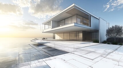 Fototapeta premium Modern architectural design of a waterfront house with a sleek, minimalist aesthetic.