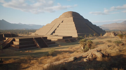 Ancient Pyramid and Surrounding Ruins in a Desert Landscape