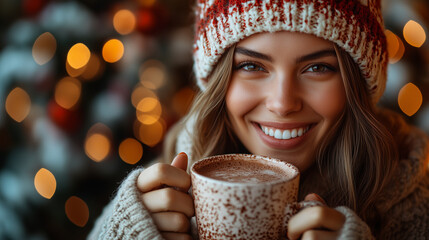 An office team raising cups of hot cocoa, surrounded by winter decorations, toasting to the success of the year with smiles and laughter