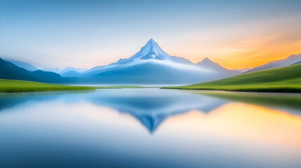 Naklejka premium Majestic Alpine Glow Sunset Reflective Mountain Lake Serene Nature Scenery High Resolution Wallpaper Background