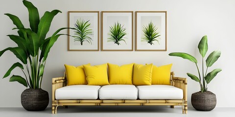 A stylish living room featuring a bamboo sofa with yellow cushions and decorative plants, complemented by framed botanical art on the walls.