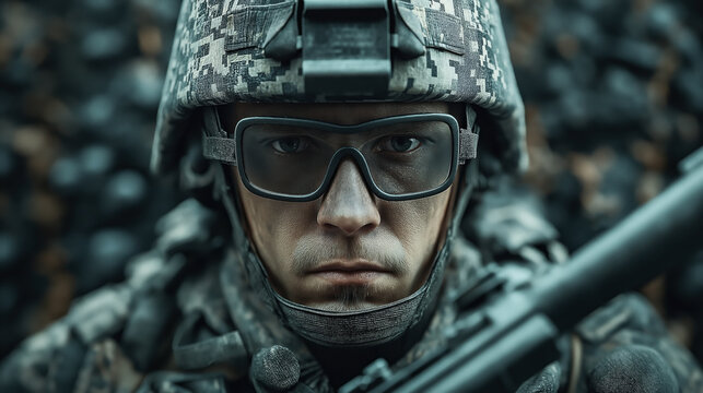 Close-up of a soldier wearing a camouflage helmet and tactical goggles, holding a rifle, displaying serious expression in a military setting.