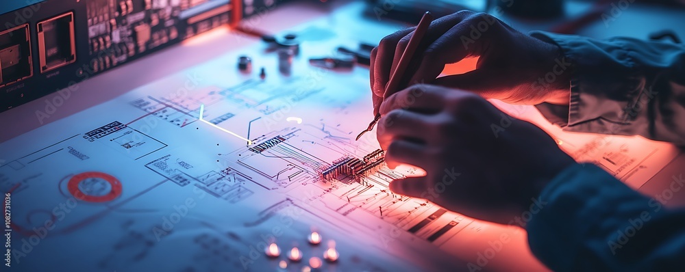 Aufkleber a person assembling electronic components on a blueprint with illuminated tools.