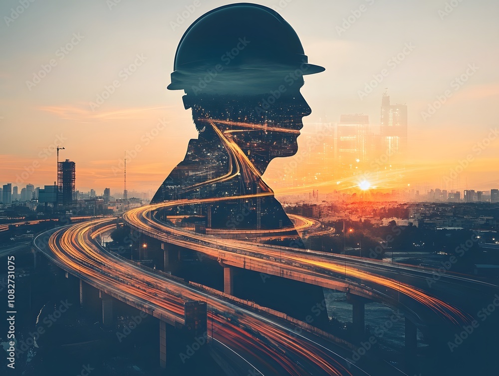 Poster silhouette of a construction worker against a cityscape at sunset with light trails representing urb