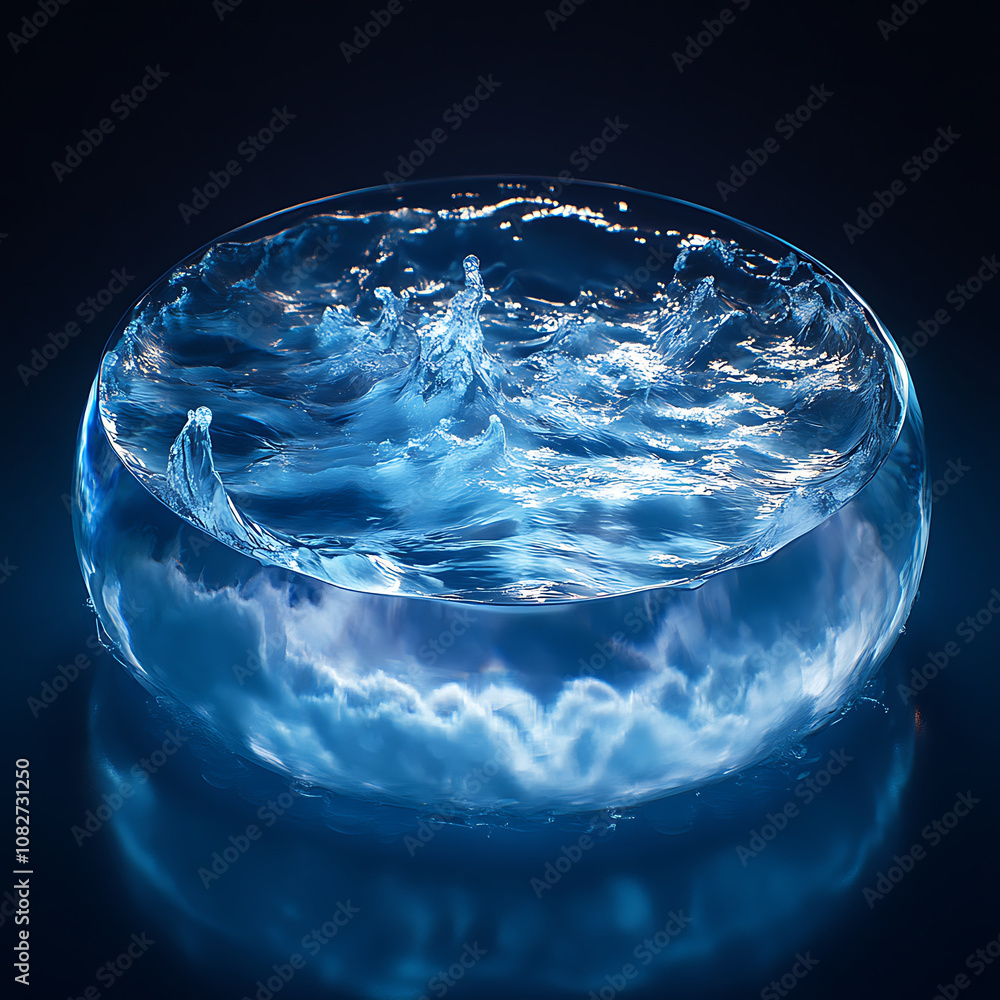Poster mesmerizing display of water waves captured in crystal clear bowl, illuminated by soft blue light, c