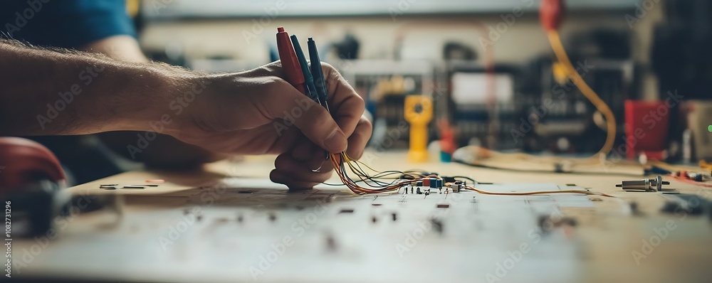 Poster a hand working on circuitry with wires and components on a table in a workshop setting.