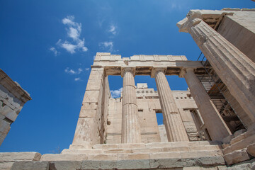 Close-up of column in Acropolis, Athens, Greece. Ancient Greek architecture