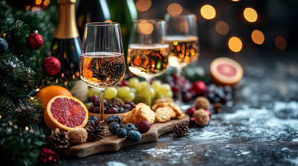 A team of office workers gathered at a table with holiday snacks and drinks, wearing Christmas-themed accessories and toasting with sparkling drinks in the spirit of the season