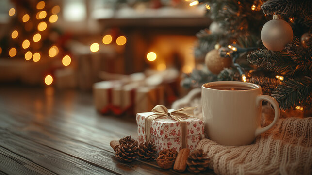 A close-up of colleagues enjoying warm drinks and chatting near a Christmas tree, with gifts stacked underneath and soft lighting creating a warm, cozy vibe