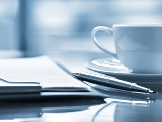 White coffee cup sits on a table next to a pen and a piece of paper