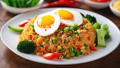 Nasi Goreng with Fried Eggs and Vegetables