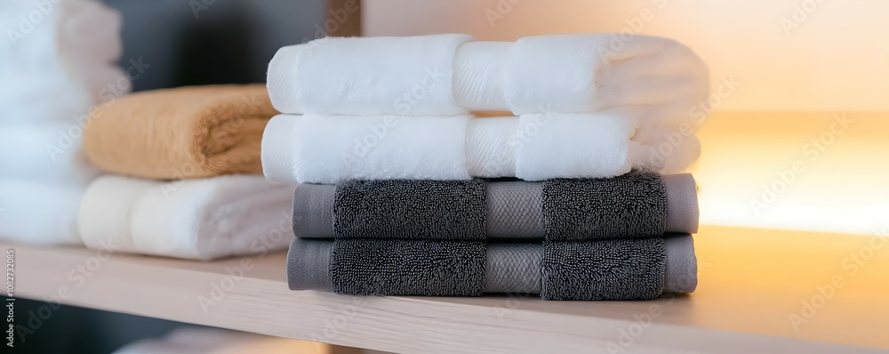 Poster minimalist stacked towels display - elegant organization in soft muted tones with warm lighting for 