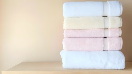 Serene Minimalist Towel Display - Organized Pastel Towels Stacked on Light Wood Shelves Evoking Calmness and Balance in Natural Lighting