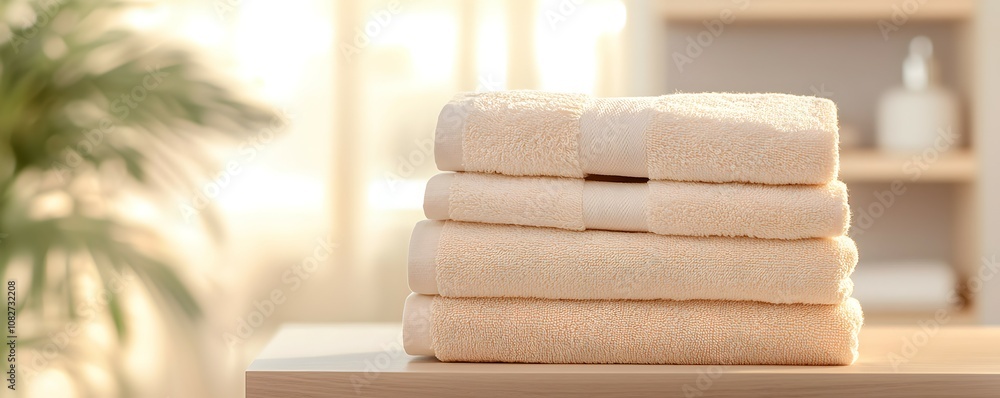 Poster serene minimalist towel display - soft pastel layers in organized open-shelf storage bathed in gentl