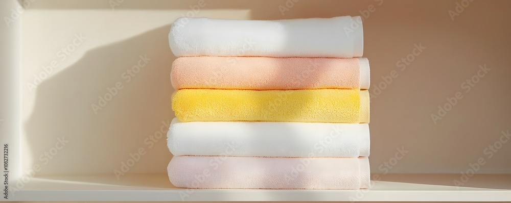 Poster serene stacked towels in soft pastels - minimalist open-shelf storage with warm shadows creating a h