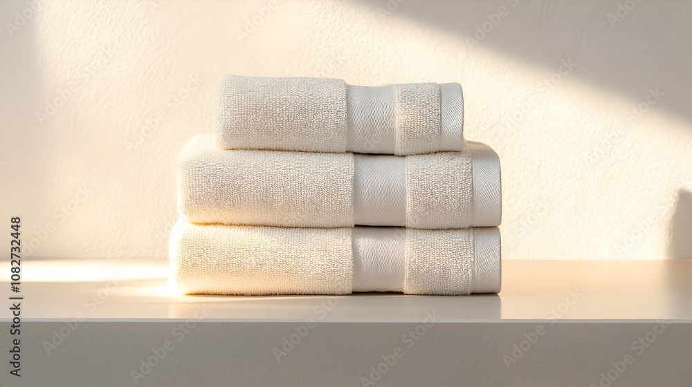 Poster minimalist spa towel arrangement - neatly stacked neutral towels in soft light for an inviting and o