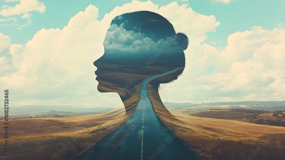 Poster surreal artistic representation of a woman's silhouette merging with a vast open road under a dramat