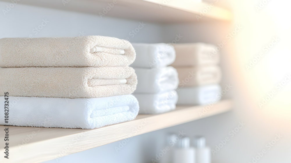 Poster neatly stacked towels in minimalist design - calming organized shelves with soft neutral tones and s