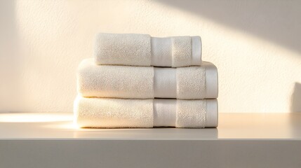 Minimalist Spa Towel Arrangement - Neatly Stacked Neutral Towels in Soft Light for an Inviting and Organized Atmosphere