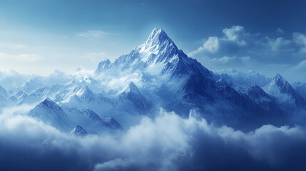 mountain peak shrouded in fog and white tiny clouds, Midnight at the Top of the Mountains with natural fog, A Captivating Landscape of Nature of mountain. mountain peak rises above with natural style.